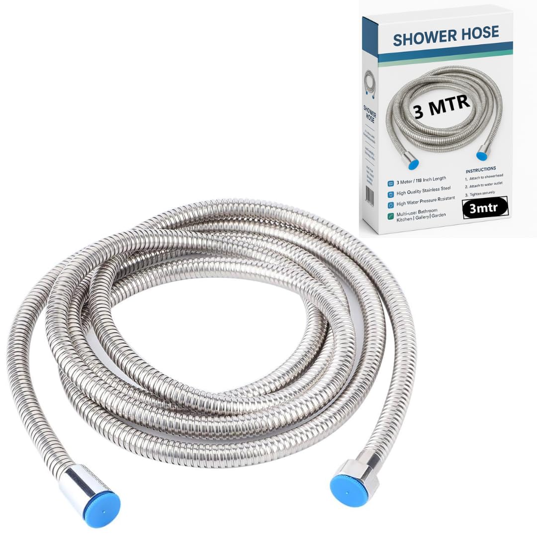 3 meter extra long aaram ss-304 grade flexible hose pipe, chrome finish, useful for shower, jet spray, gardening needs, jet spray for compatible for high pressure. (3 meter regular)