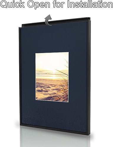 Miniatura 2 de Marco a presión de 11 x 14 pulgadas con paspartú azul oscuro para foto de 6 x 8 pulgadas, marco de póster negro, marco de aluminio de pared para