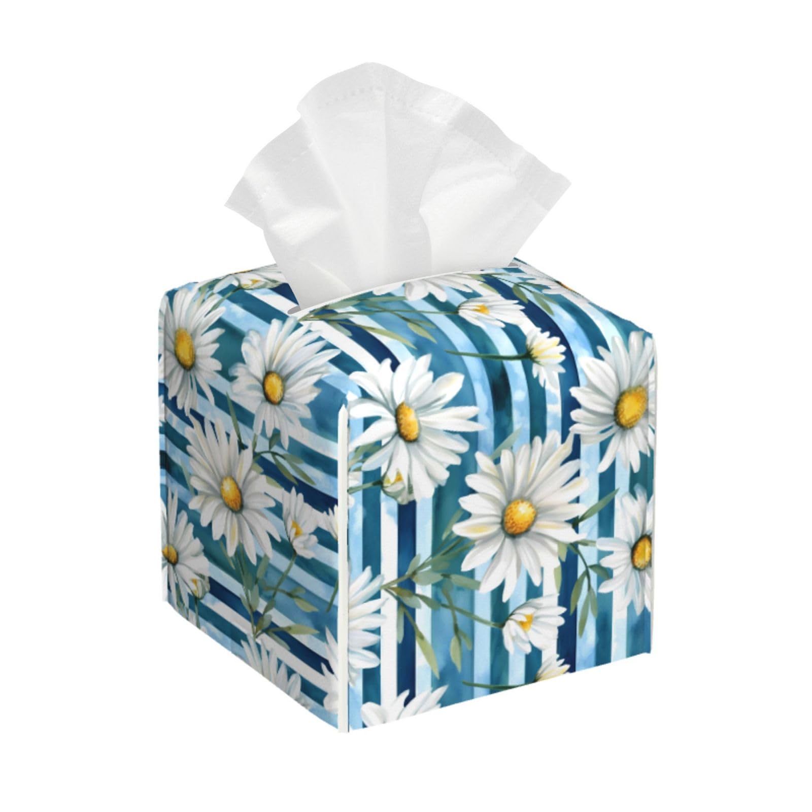 Tissue Box Cover Daisy Stripes Square PU Leather Tissue Box Holder for Car Bathroom Bedroom Desk Tabletop Decor