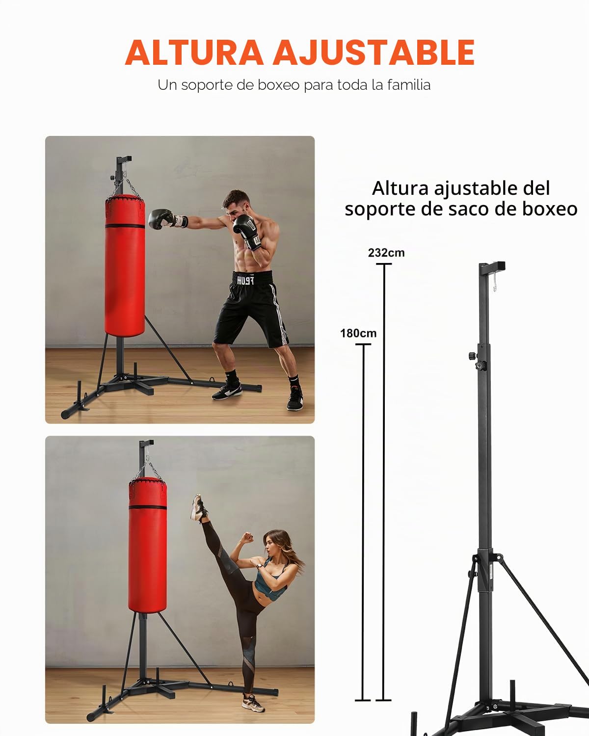 VEVOR Soporte para Saco de Boxeo con Marco de Acero Soporta hasta 65 kg Soporte a Saco de Arena Independiente con Base con Peso Equipo de Entrenamiento para Gimnasio en Casa, 118 x 118 x 232 cm