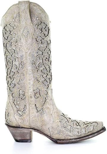 Corral Women's White Glitter Inlay & Crystals White Cowgirl Boots, Size 7.5 Wide