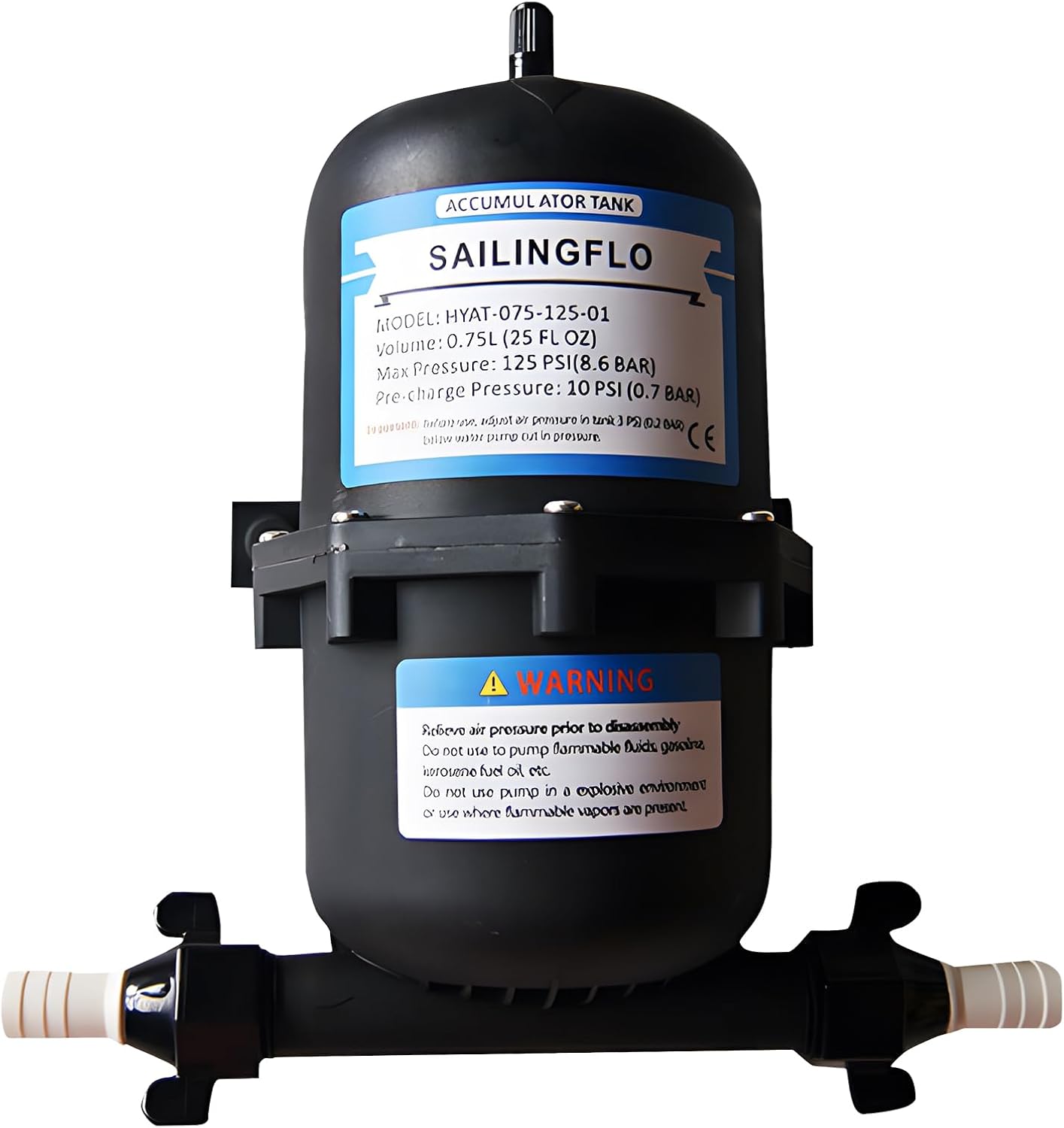 0.75L 125PSI Pre-Pressurized Accumulator Tank - Internal Bladder for Water Pump Flow Control, Reduces Cycling, Waterproof, for RV, Marine, Boat & Off-Grid Systems