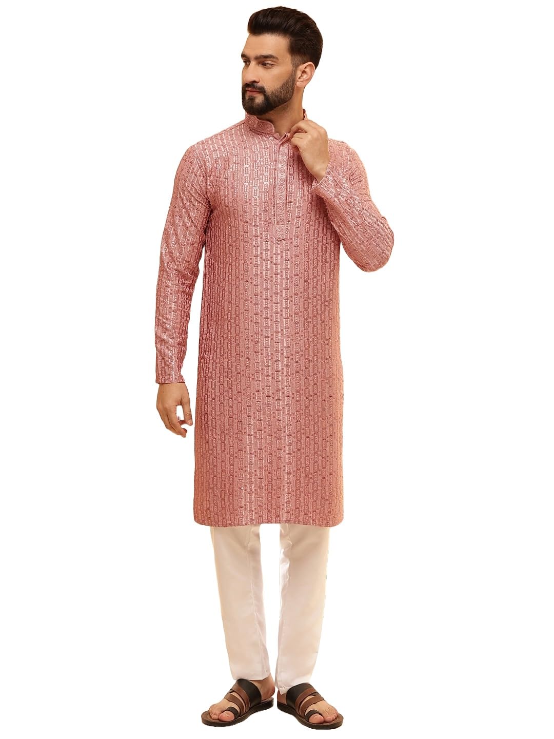 Sojanya (Since 1958 Men's Cotton Rayon Shiny Thread Sequinned Coral Kurta With White Pyjama