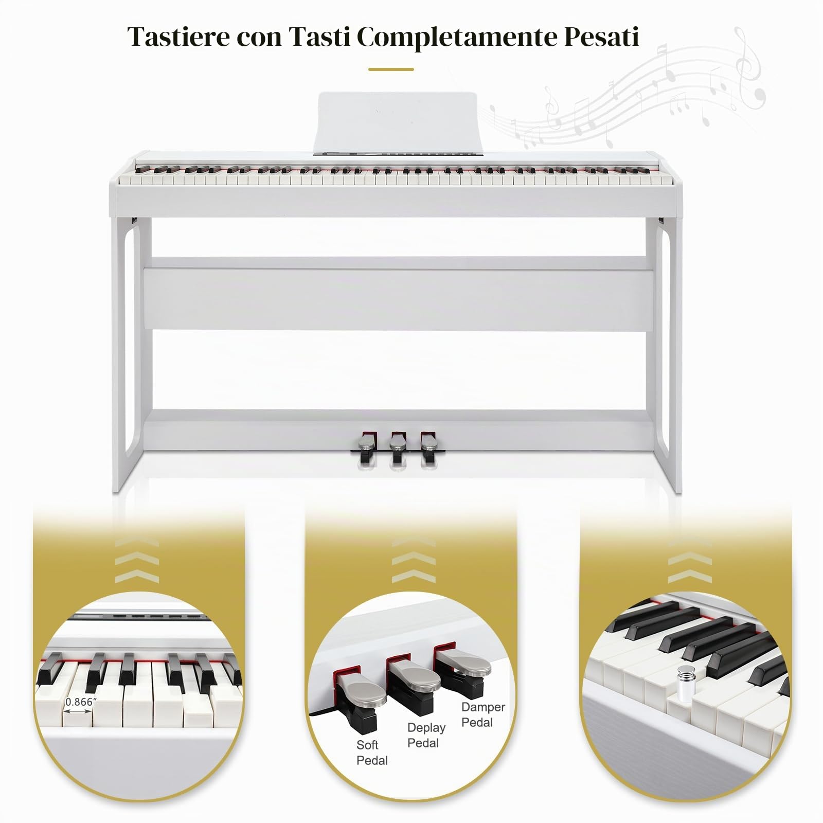 LEADZM 88 Tasti Piano Digitale, Tastiera a Peso Completo, Piano Elettrico con MIDI-USB, Audio Bluetooth e Altoparlanti Stereo, 128 Suoni e Ritmi, Sistema a 3 Pedali, Bianco