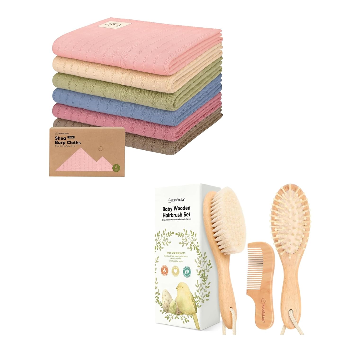 KeaBabies 6-Pack Baby Burp Cloths for Boys and Girls and Baby Hair Brush and Comb Set - Large Burp Cloths, Burping Clothes for Newborn - Wooden Brush with Soft Goat Bristle