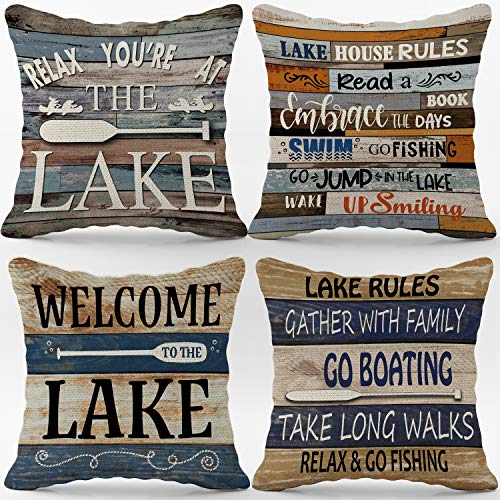 Welcome to The Lake Throw Pillow Case, 18 x 18 Inch Set of 4, Lake Rules Decor, Lake House Decor for The Home, Lake Cabin Decor, Lake Paddle Decor, Lake Cabin Decor, Cushion Cover for Sofa Couch Bed