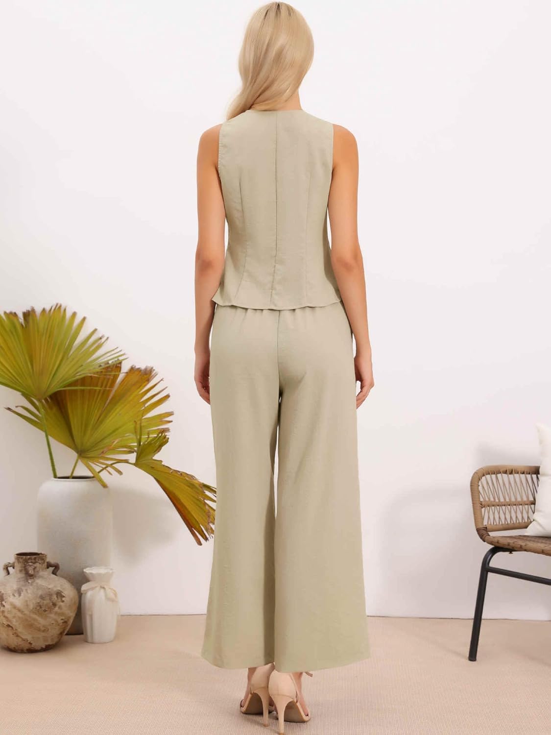 Allegra K Two Piece Outfits for Women's Linen Vest Waistcoat Dressy Casual Sets Wide Leg Pants Suits - Image 3