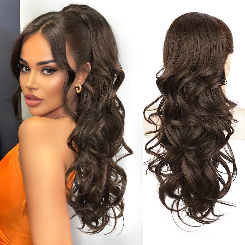 HMD Ponytail Extension Long Wavy Drawstring Ponytail Extension 24" Curly Wavy Pony Tail for Women Synthetic hairpiece Natural look for Daily Use