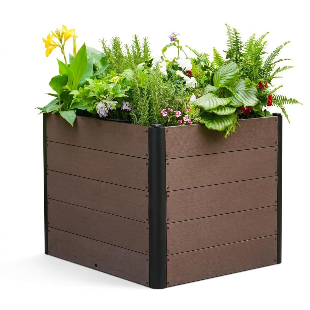 Garvee Bancal elevado de jardín exterior WPC efecto madera, resistente a intemperie y antirrot, montaje sin herramientas, ideal para verduras/hierbas/flores - Sin fondo