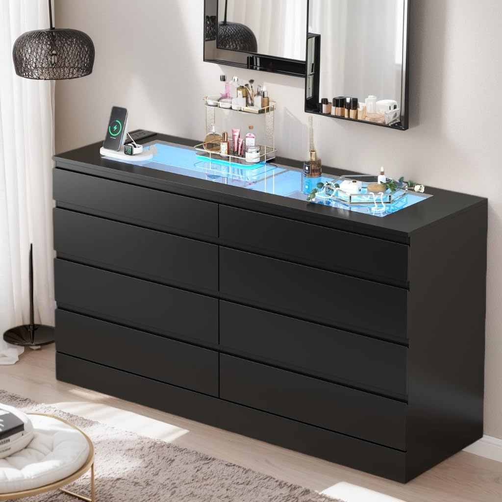 8 Drawer Dresser with Glass Top & Power Outlet, White Dresser for Bedroom with LED Light, Modern Chest of Drawer Double Wide Drawers Organizer Cabinet for Bedroom, Living Room (White)