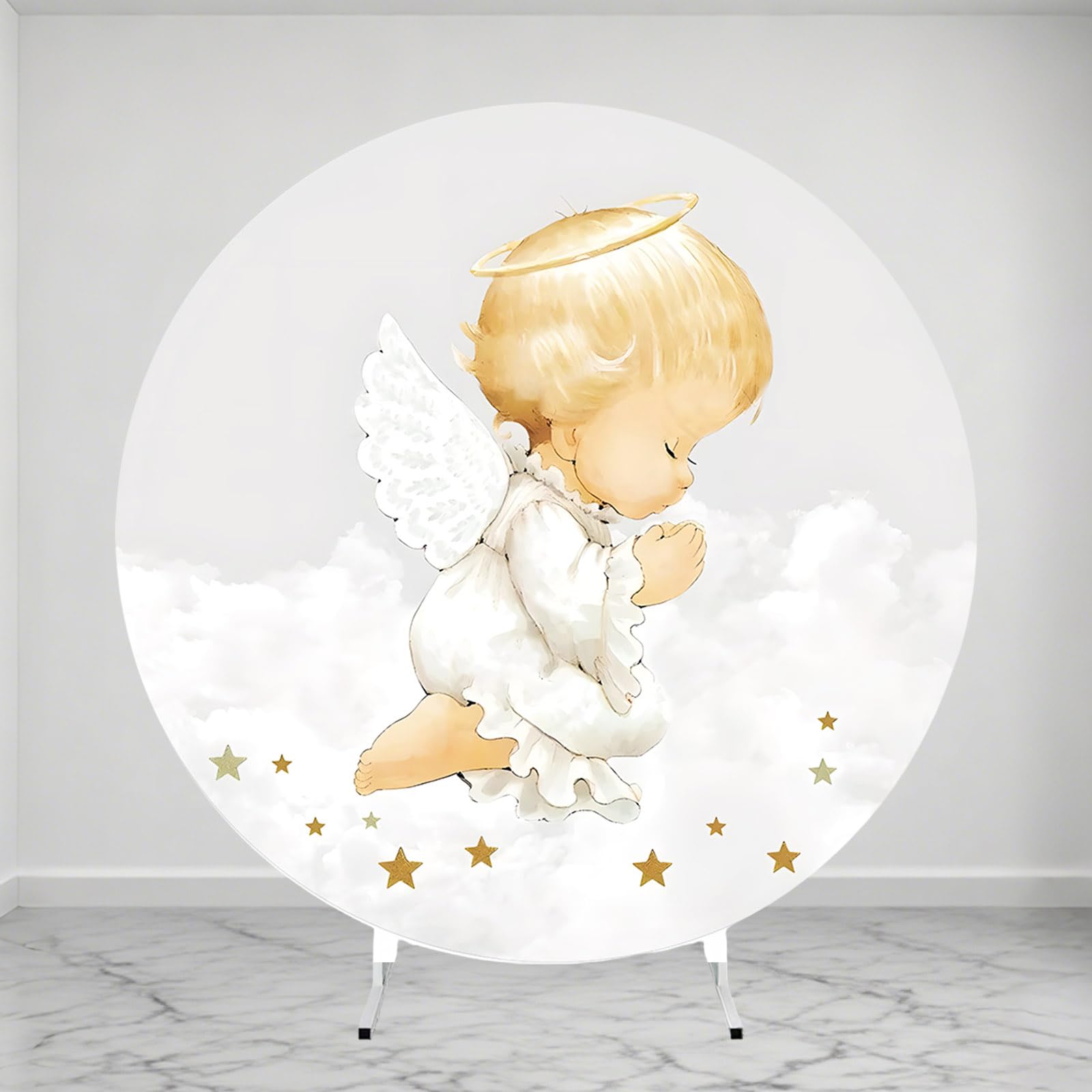 MEHOFOND 2m (6.5ft) Diameter Baptism Round Backdrop Angel My First Communion Star Grey Photography Background Boys and Girls Party Decoration Banner Background Cover Props (Booth Not Included)