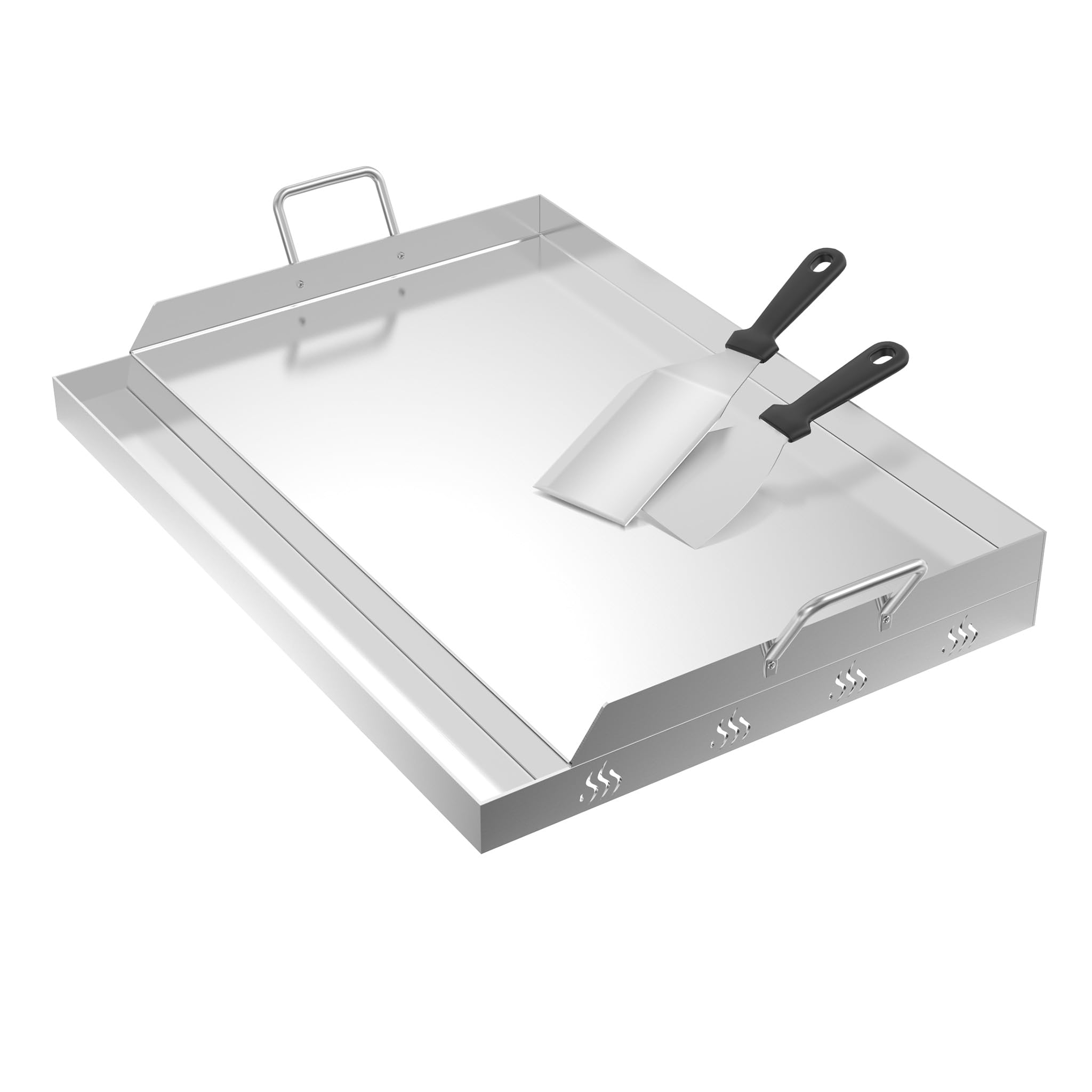 Froadp Placa de acero inoxidable para barbacoa | Plancha universal para barbacoa de 54 x 41 x 7 cm con canaleta para aceite | gas y carbón | Accesorios para barbacoa, incluyendo espátula y asas