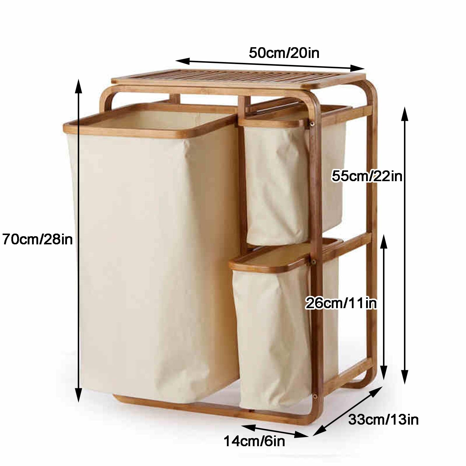 Cesto portabiancheria in bambù con 3 sacchetti scorrevoli, design a doppio scomparto per ordinare bianchi e scuri, elegante e resistente, per un'organizzazione efficiente (bianco)