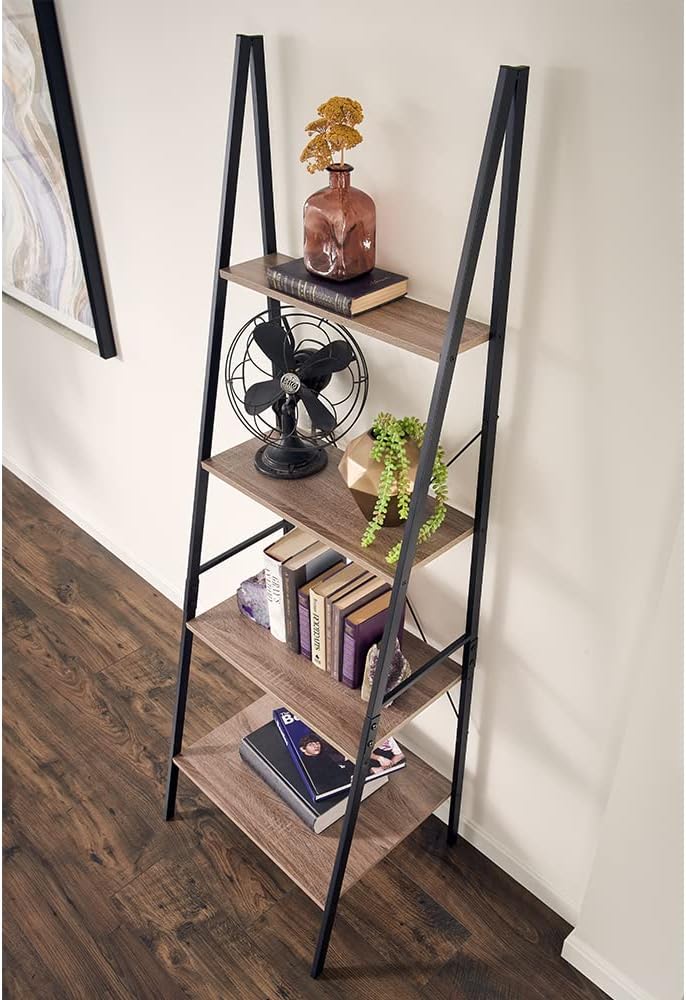 Weathered Gray 4-Tier Wood and Metal Ladder Shelf