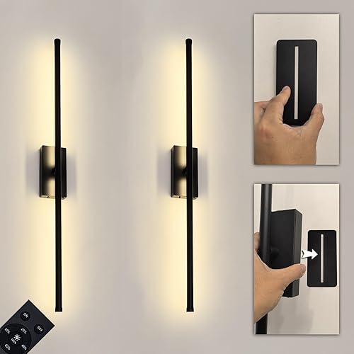 Easy Install Peel and Stick on Battery Operated Wall Sconces Set of 2 Rechargeable, Magnetic Linear Wall Sconce Wireless Long Picture Vanity Wall Light for Living Room Bedroom (2 Pack, 28.3'', Black) - 2X Black Sconces - 28 Inch