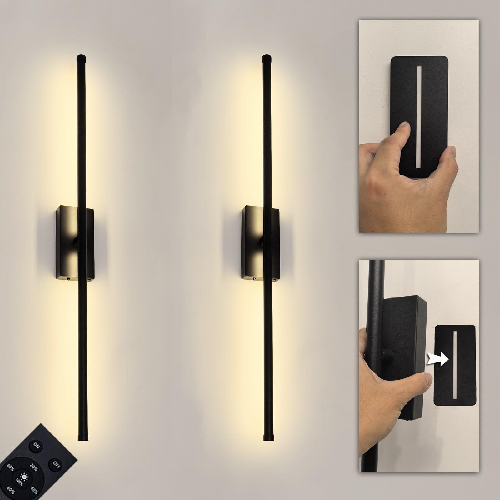 Easy Install Peel and Stick on Battery Operated Wall Sconces Set of 2 Rechargeable, Magnetic Linear Wall Sconce Wireless Long Picture Vanity Wall Light for Living Room Bedroom (2 Pack, 28.3'', Black)