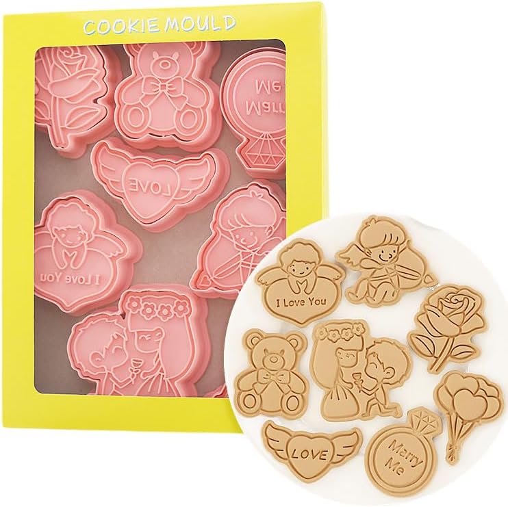 Molde romántico para galletas, adecuado para el día de San Valentín, bodas, aniversarios, herramientas de hornear de dibujos animados 3D, 8 piezas disponible en Yaxa Venezuela
