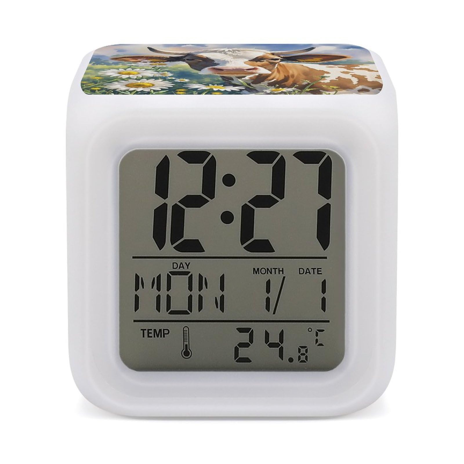 LZQPOEAS Watercolor Cow and Daisy Flower Alarm Clock Desk Clock with 7 Color Changing Night Light Digital Clocks with Temperature Display Sleep Training and Sound Machine for Heavy Sleeper