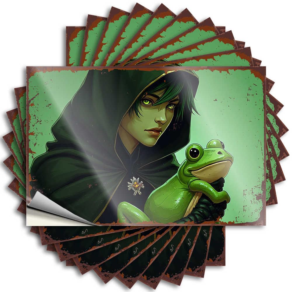 Green Cloak and Frog: A Mystical Portrait High Decal | Room Decorations Aesthetic Waterproof Vinyl Helmet Earth Removable Decal Peel Stick(12X18CM)
