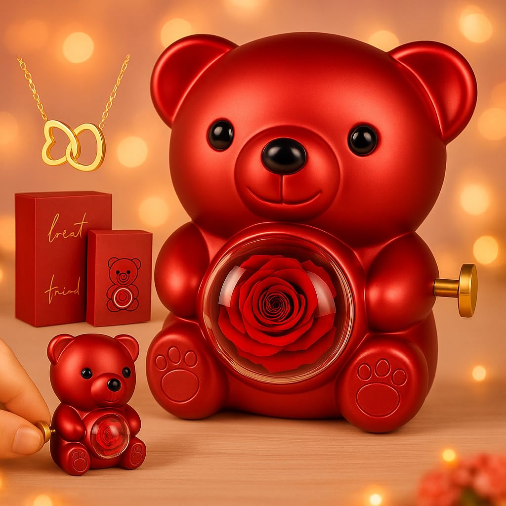 Kerhand Women's Red Teddy Bear With Preserved Rose, Flower Forever In Bear With Gift Box For Romantic Bear Roses With Music For Valentines Mothers Day Anniversary Day Birthday (Red)