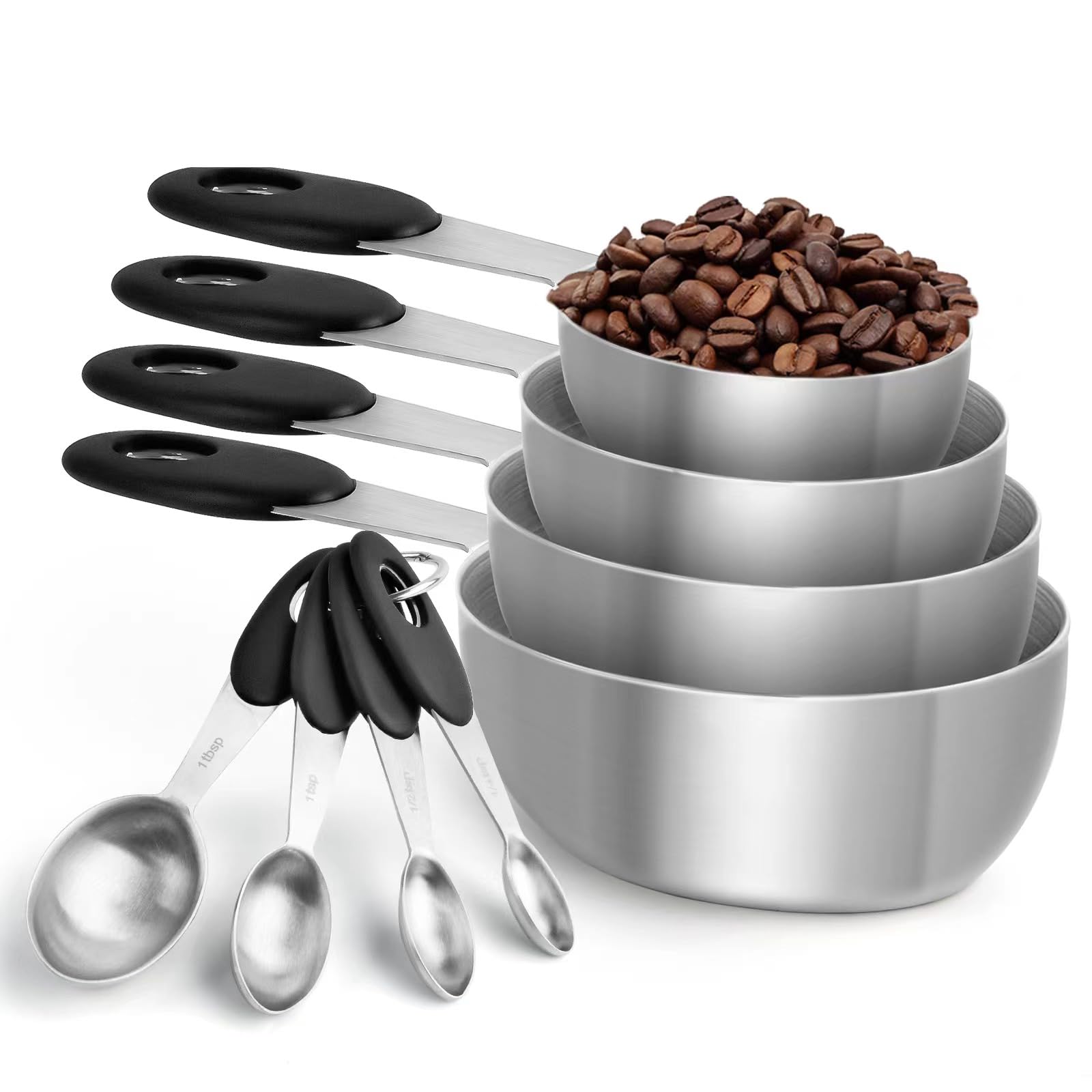 Generic Stainless Steel Measuring Cups & Spoons Set, 8 Piece Stackable Accurate Tablespoon, Kitchen Gadgets for Cooking & Baking, Large, Silver