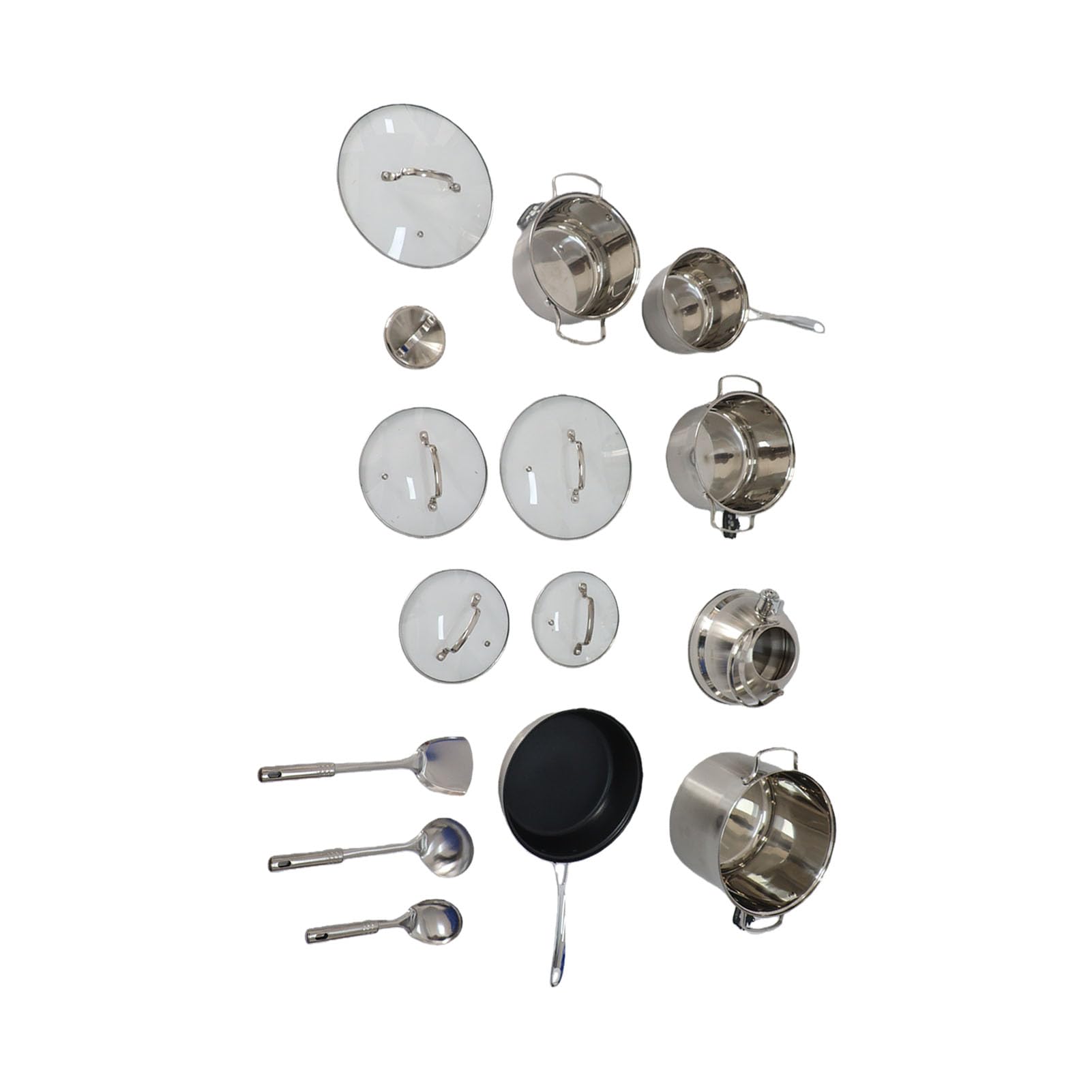 SIXRUN Juego de Utensilios de Cocina de Acero Inoxidable, Juego de Ollas y Sartenes de 15 Piezas con Tapas de Vidrio, 3 Cacerolas, Sartén, Olla para Leche, Utensilios de Cocina de Fondo Plano para