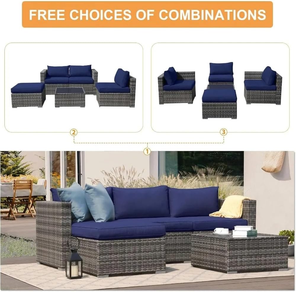 Outdoor Furniture Set, Outdoor Furniture,Patio Conversation Sets,Outdoor Sofa 5 Pieces Set, Rattan Patio Conversation set with Cushions and Coffee Table for Garden, patio sofa ( Color : Navy Blue )