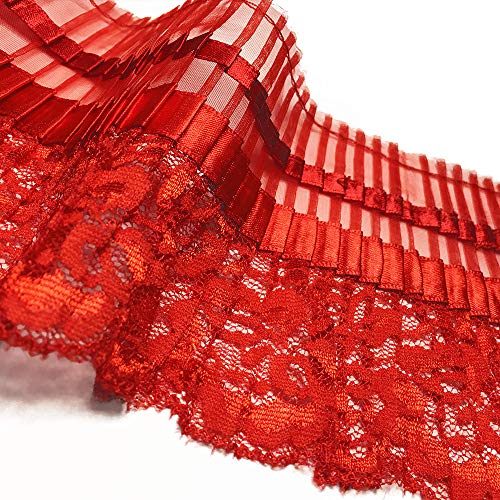 eJoyce 3-3/4\" Ruffled Pleated Chiffon with Lace Edge Trim by 2-Yards, HDL-050 (Red)