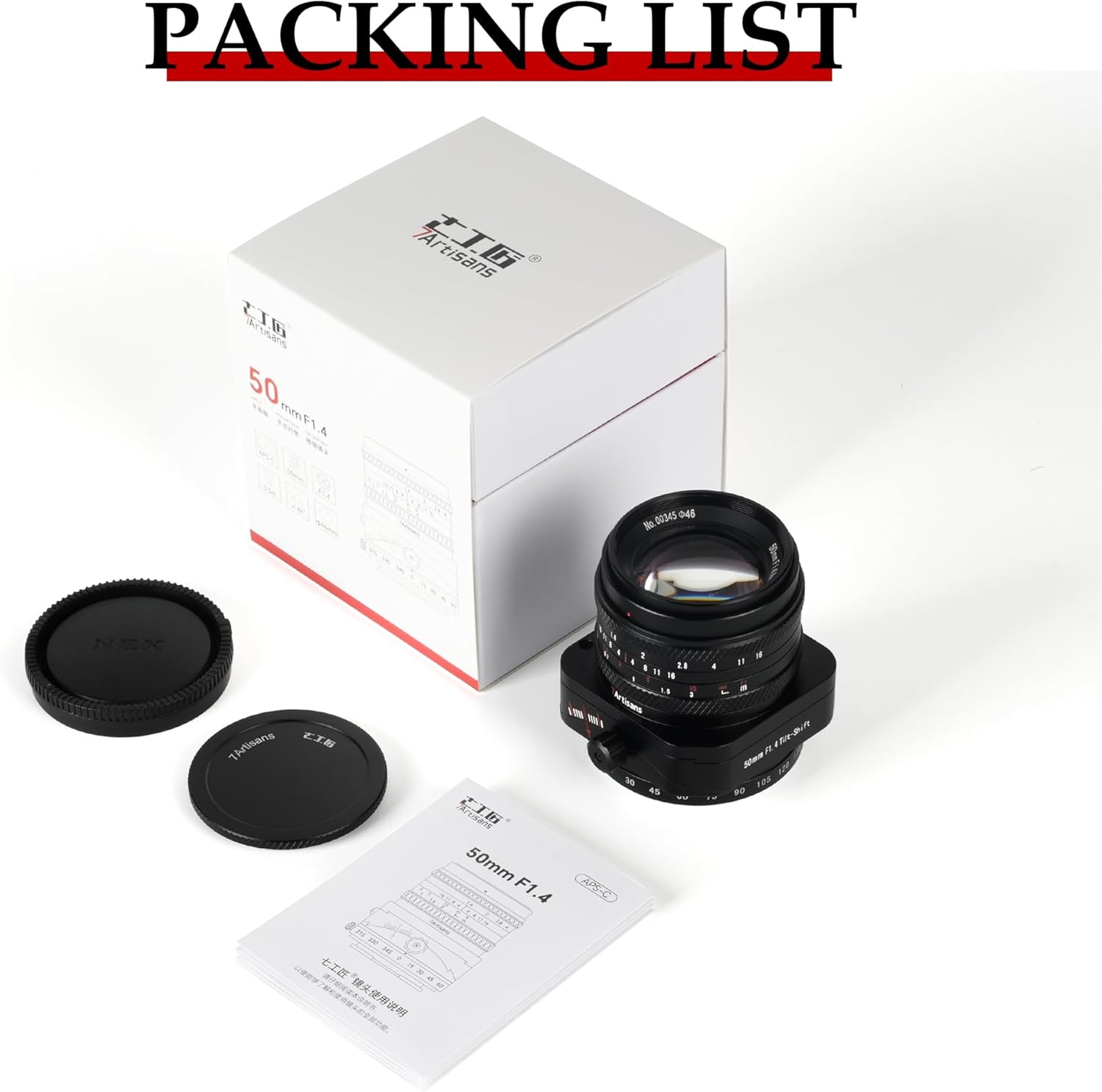Contents of the 7artisans 50mm F1.4 Tilt-Shift Lens box