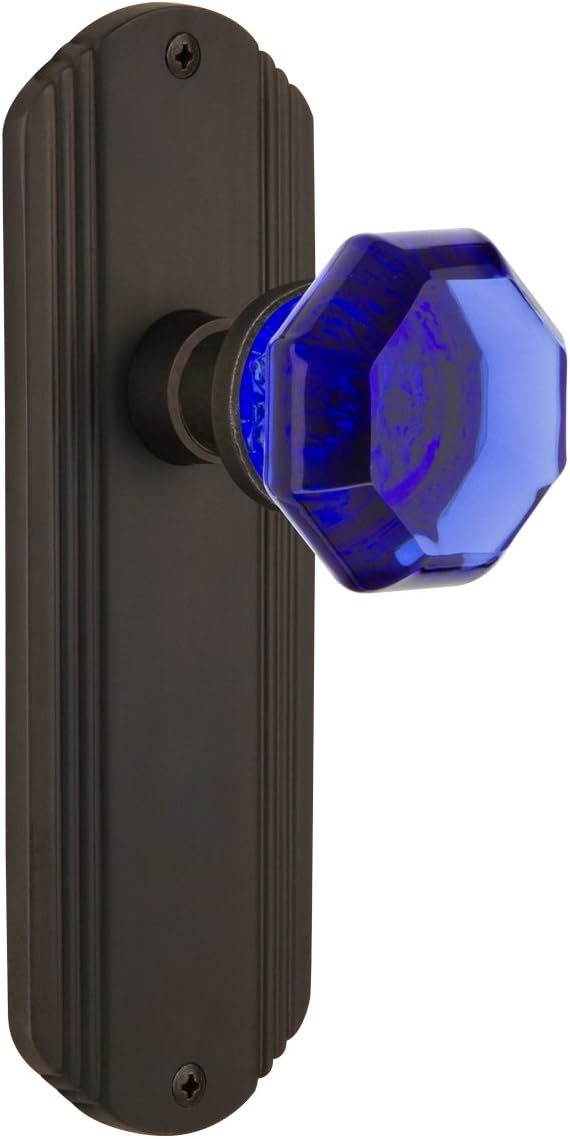 Nostalgic Warehouse 724442 Deco Plate Privacy Waldorf Cobalt Door Knob in Unlaquered Brass, 2.75