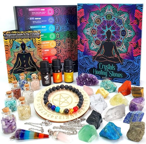 Crystals and Healing Stones Set 31Pcs - Healing Crystals & Stones - 14 Real Raw Chakra Rocks, 7 Gemstones Bottles, 3 Essential Oils,Pendant Necklace, Pendulum Board, Amethyst Cluster, Bracelet & Guide