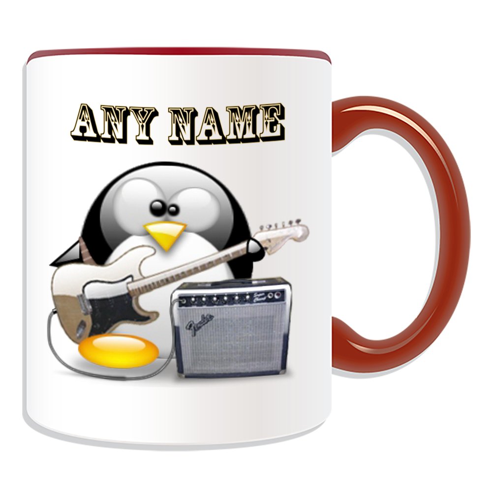 Unigift Red Personalised Gift - Electric Bass Guitar #3 Mug (Penguin In Costume Design Theme, Colour Options) - Any Name/Message On Your Unique - Music Musical Instrument