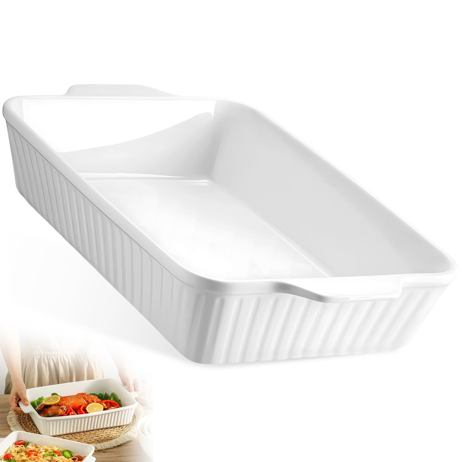 3.8L Fuente Horno Cerámica Blanco con Mango Anti-Calor, 38x23x7.3cm Bandeja de Porcelana Multifuncional Apto Lavavajillas, Freezer y Microondas para Gratinar Lasaña, Guisos y Postres