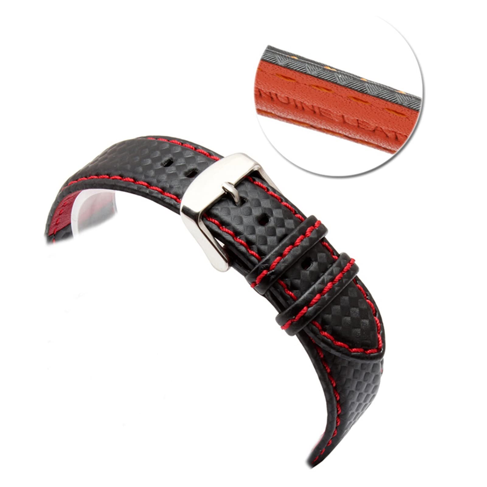 Uhrenarmband， Carbonfaser-Uhrenarmband aus echtem Leder for Herren mit silberner Schließe