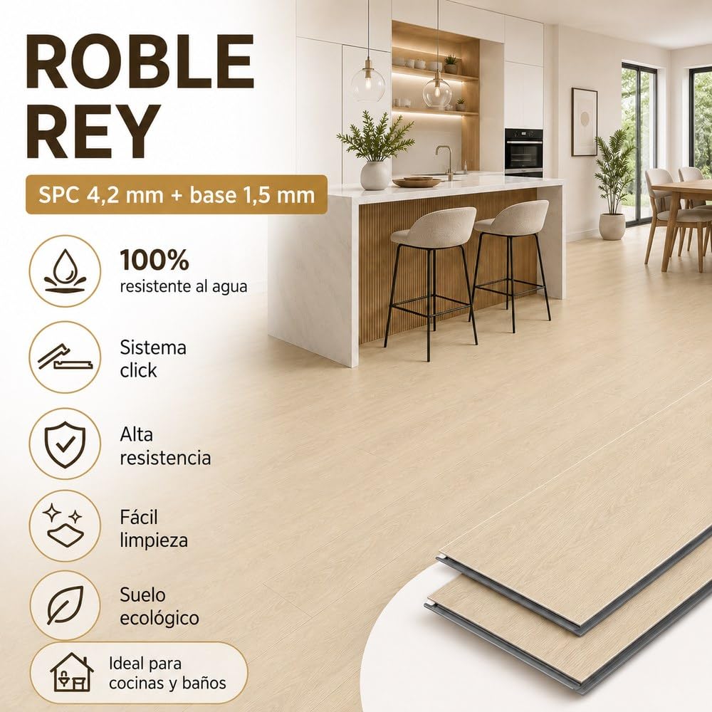 Pavimentos Arquiservi -【PACK Suelo Vinílico SPC XL Roble Rey 2,23 m² + Rodapie 1 tira = 2,25 ml + 1 Pletina 1m】