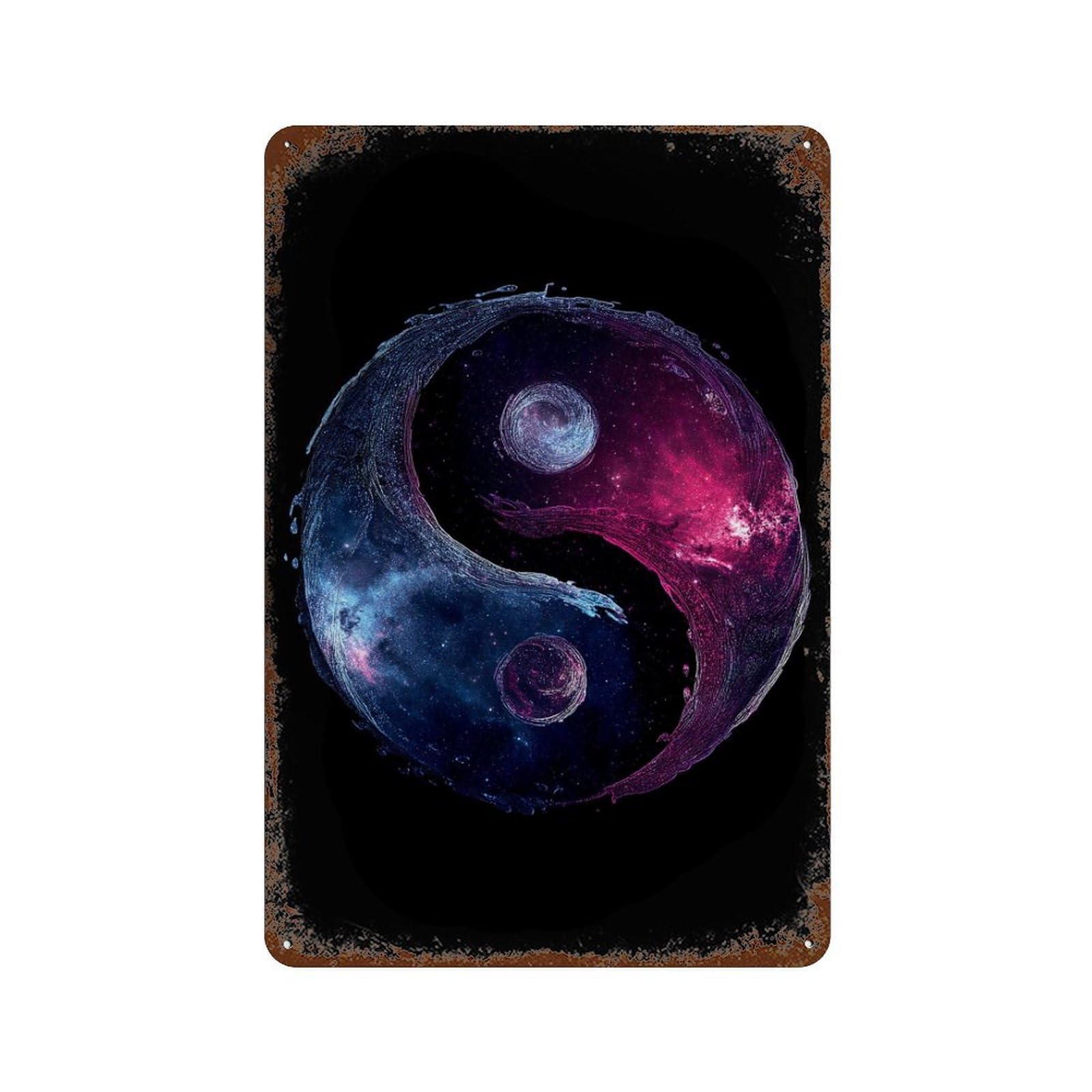 Rust Effect Cosmic Yin Yang Art Print Rustic Tin Plaque 11.8"x7.9", Shabby Chic Decor for Basement, Hobby Room And Garage Decor