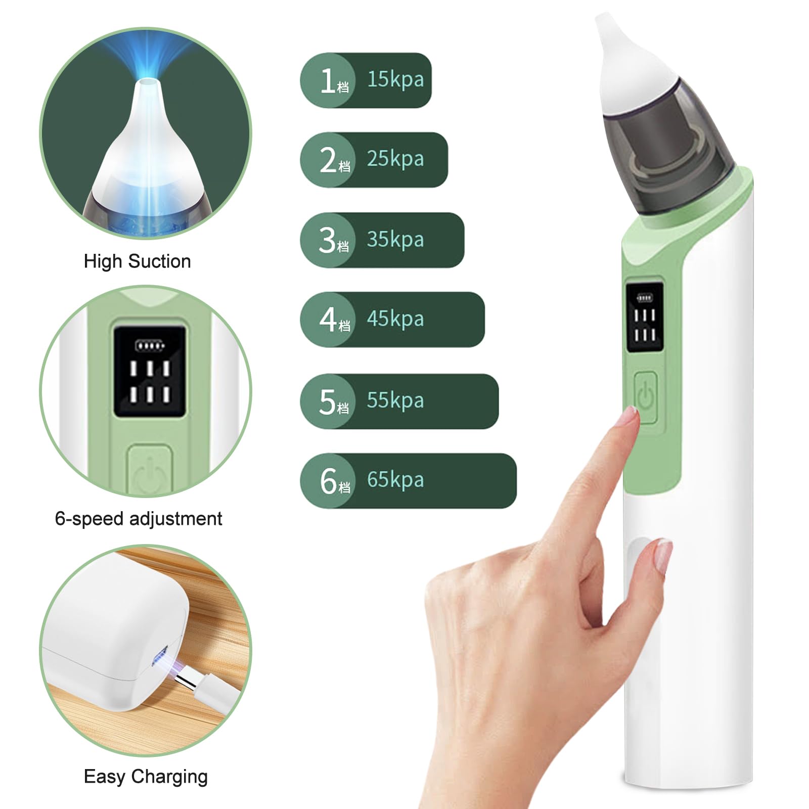 Aspiratore nasale per bambini, aspiratore nasale elettrico, aspiratore nasale, aspiratore nasale con 6 livelli di aspirazione e 2 punte in silicone ricaricabile, per neonati e bambini piccoli (verde)