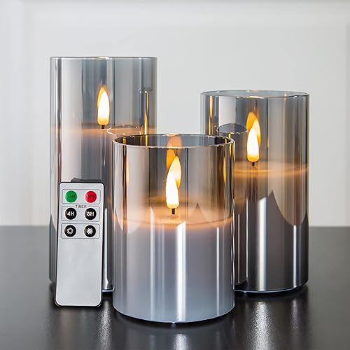 Miniatura 8 de Eywamage Velas de cristal transparente sin flama, de luces LED parpadeantes con control remoto, cera y mecha reales, paquete de 3 velas de columna,