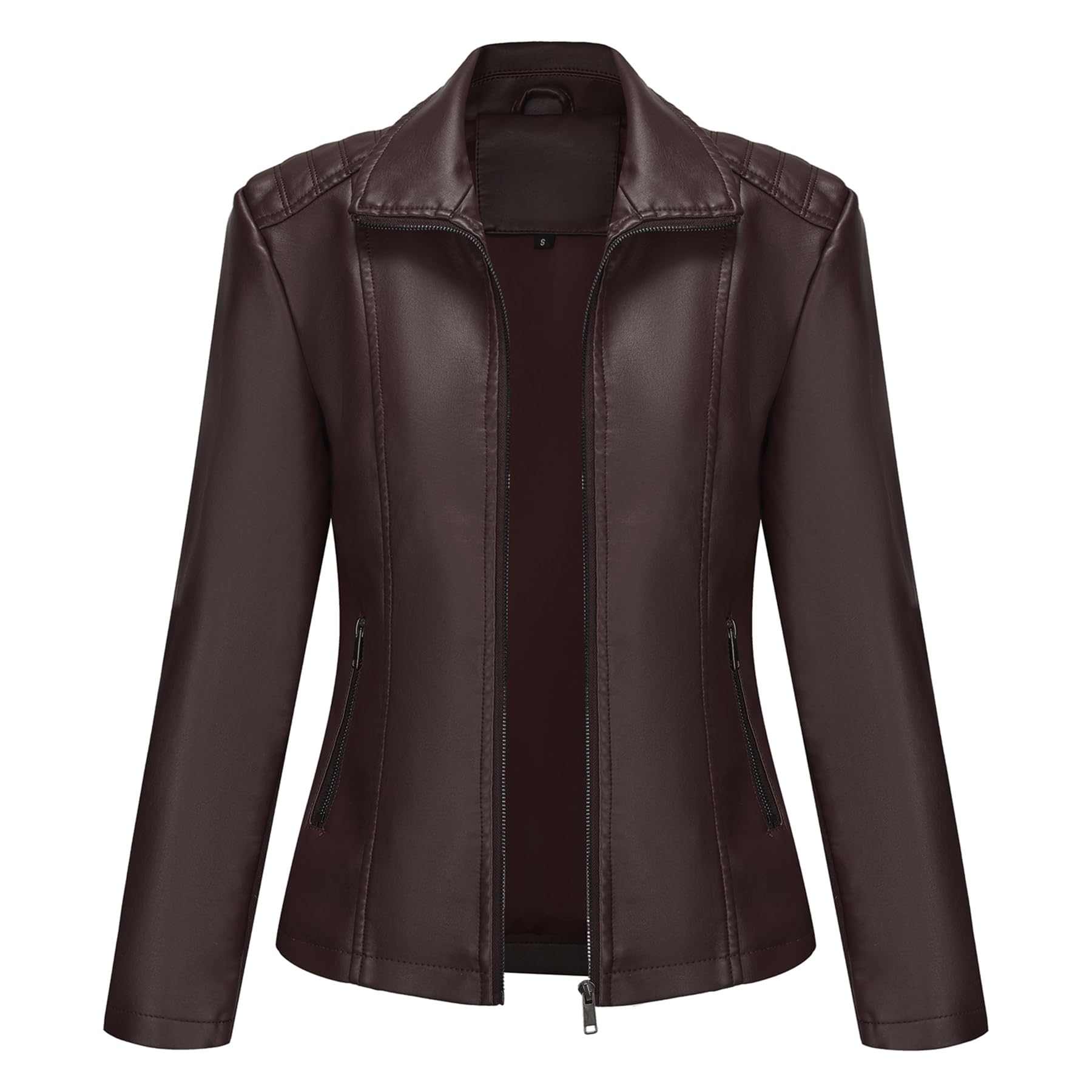 YYNUDA Chaqueta de piel para mujer, tejido elástico, chaqueta de motorista, cremallera, monocolor, piel, cuello alto, chaqueta de moto
