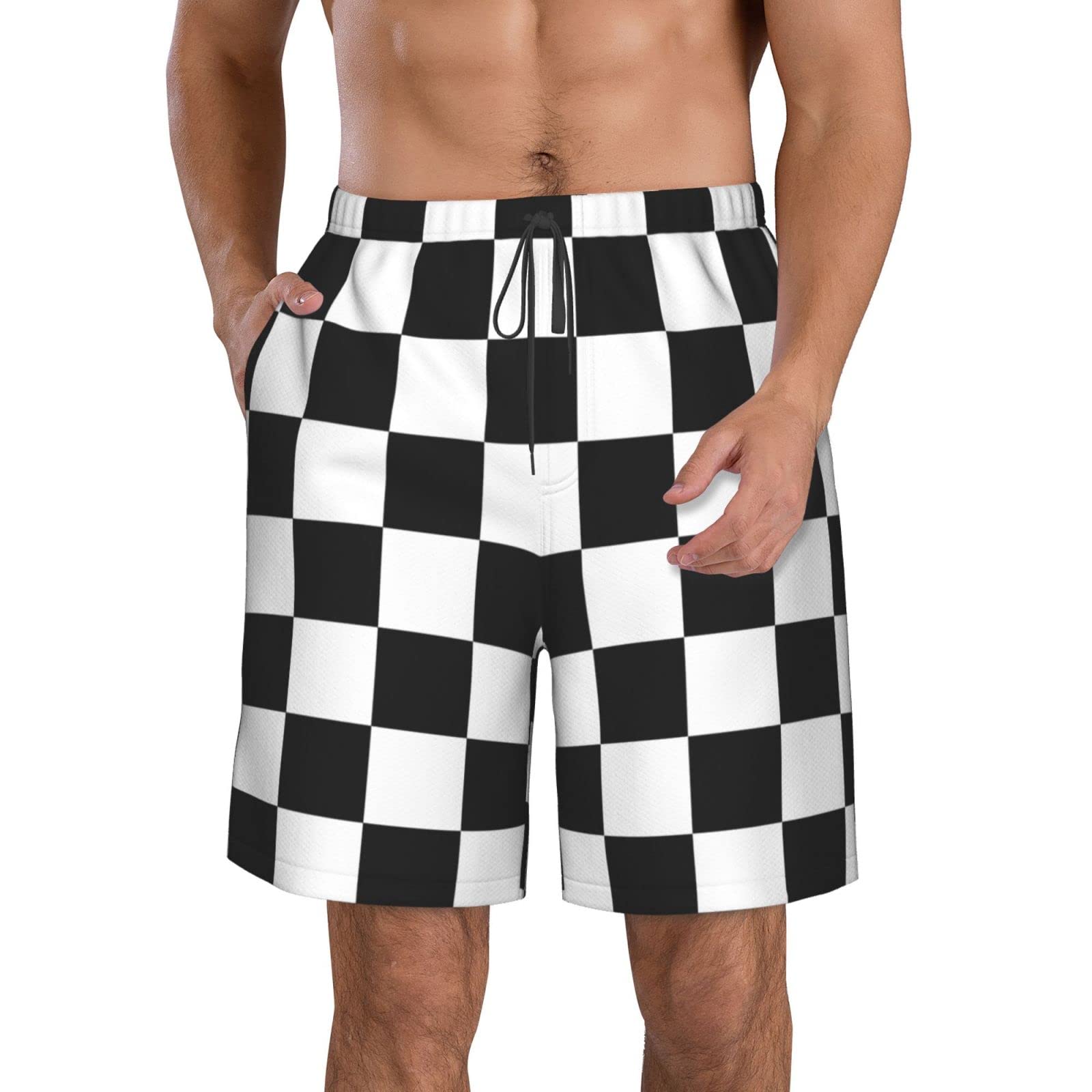 Lsjuee Men's Beach Shorts Racing Checkered Flag Board Shorts Summer Swim Trunks with Pockets