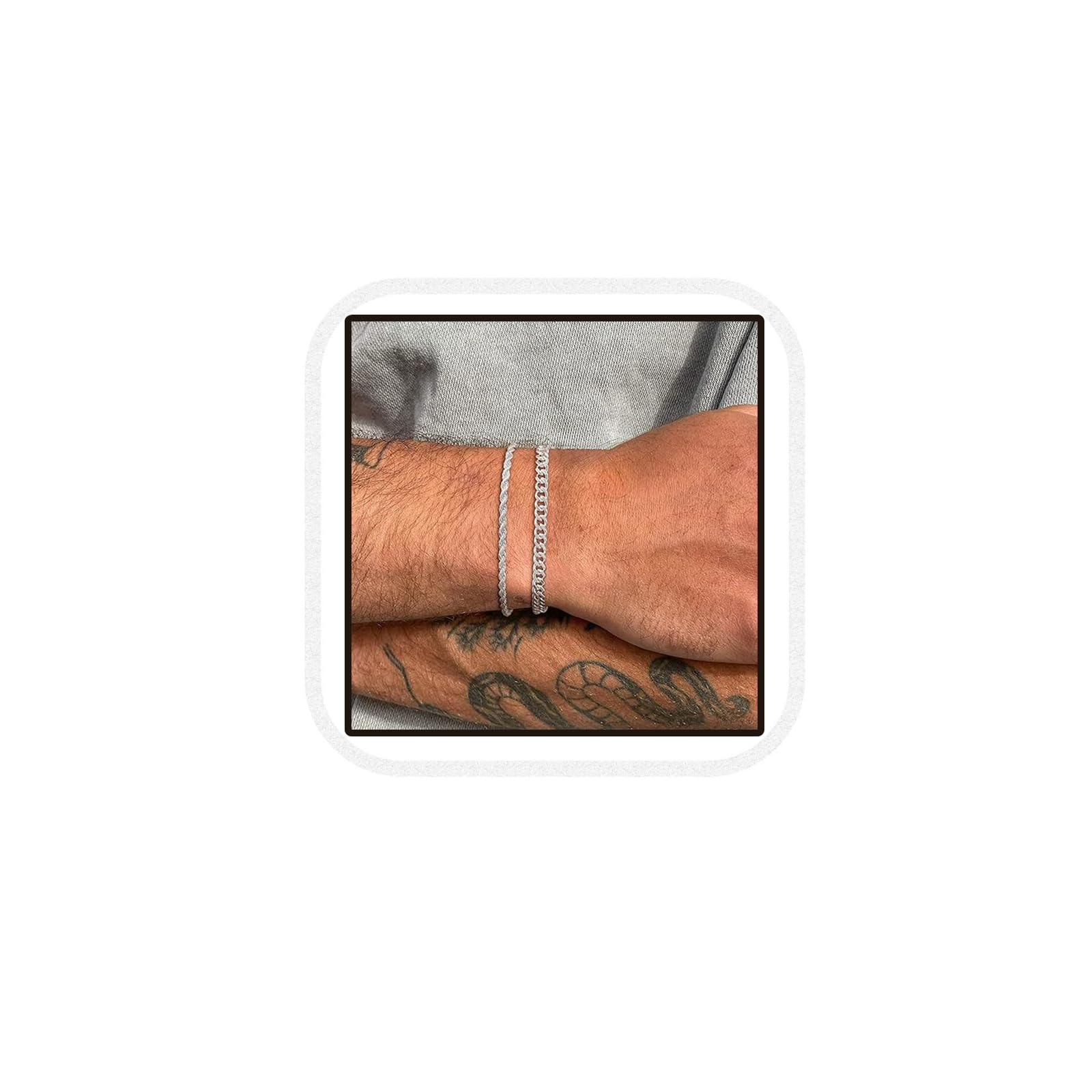 ALMLWIAJ Hombre Pulseras, brazalete de acero inoxidable plateado para hombre, conjunto de pulseras con cadena tipo cubana y cadena tipo cordón para novio o marido joyas para regalar