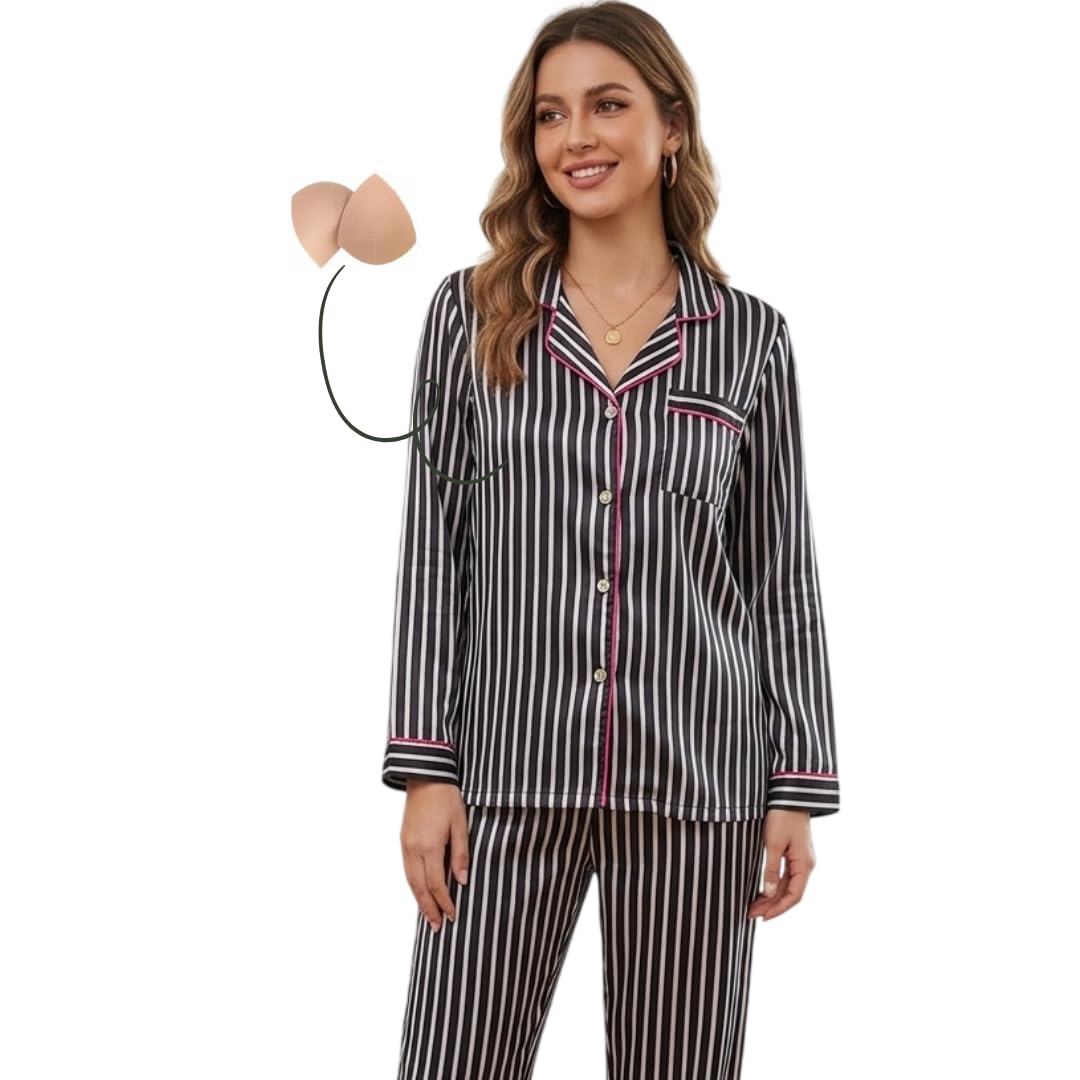 nohook Black & White Striped Korean Style Braless Nightsuit Set for Women | Padded Shirt & Pajama | in-Built Pads-picture-33