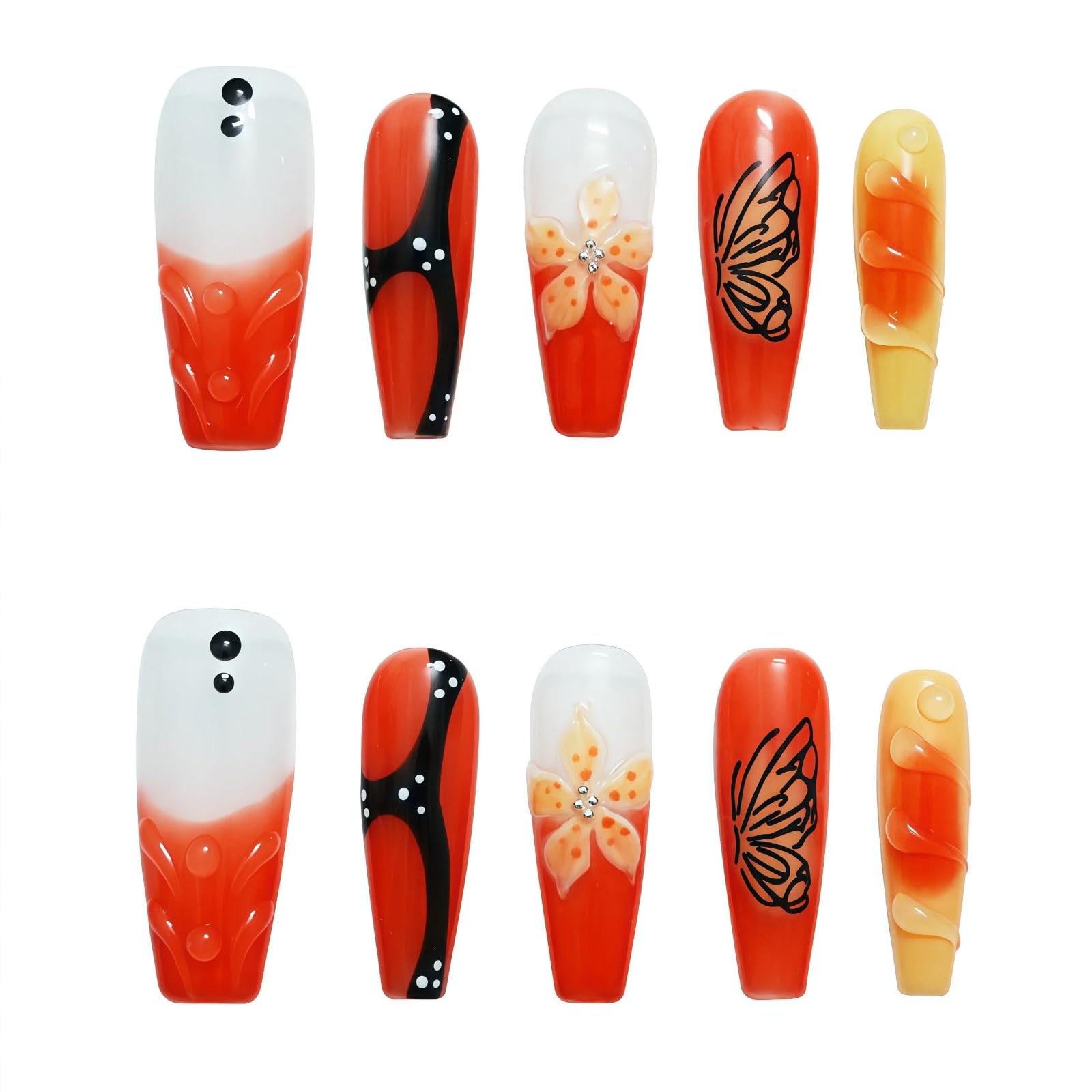Tesytto Handmade Press on Nails Long Coffin Muti-Layer Gel Fake Nails - 3D Lotus Flowers & Tiger Print, French Tip Glossy Thick Acrylic Nails (Playful Zebra with Lotus,S): M Mango Sago