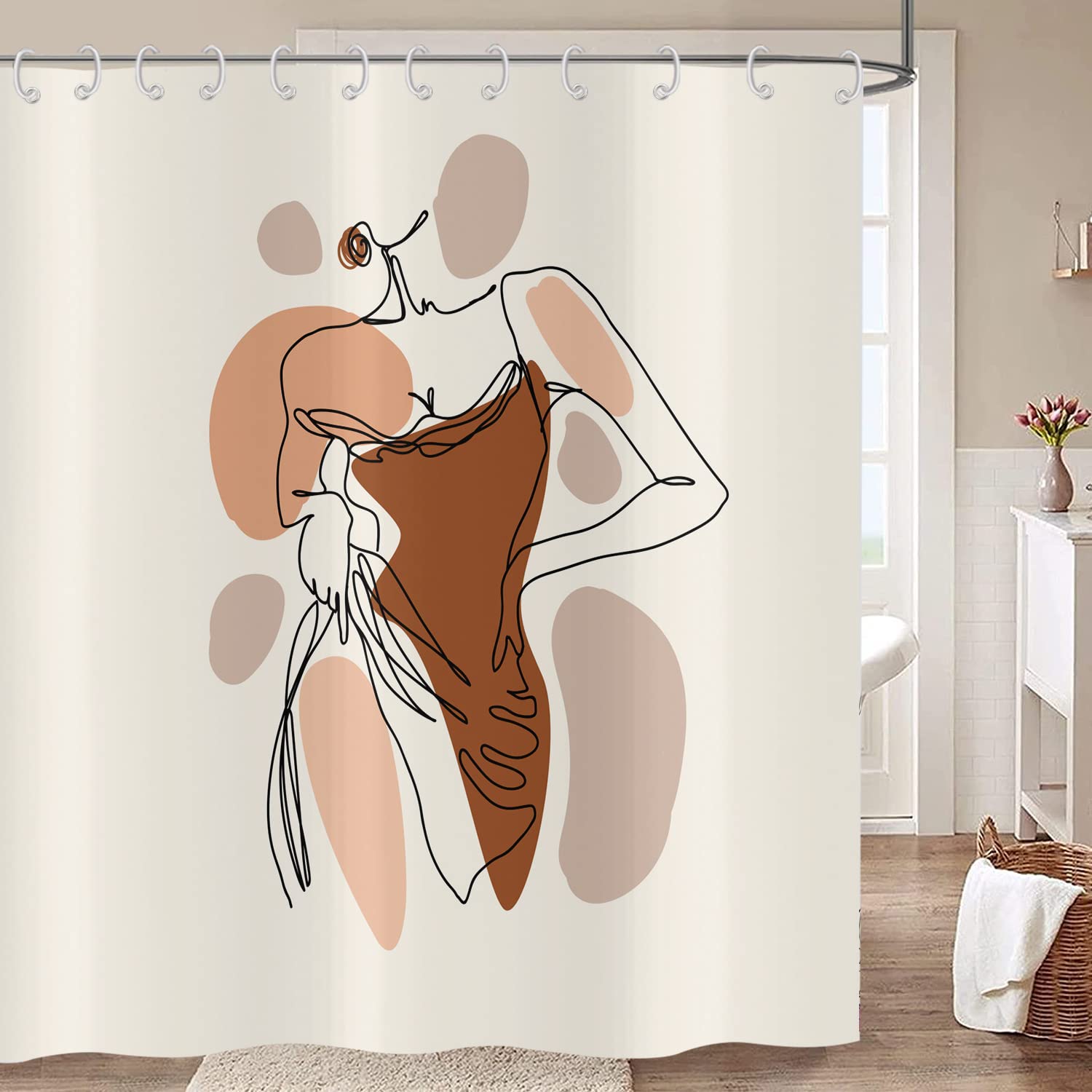 Hnmdmyi Abstract Woman Shower Curtain 180x200, Boho Mid Century Modern Minimalist Line Art Aesthetic Bathroom Curtains with Hooks Waterproof Polyester Fabric Washable Bath Curtains for Wet Room — image 1