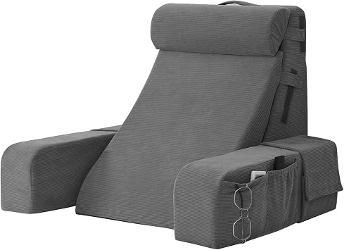 Vekkia Reading Pillow for Sitting in Bed Adults-Adjustable Back Support Sitting Up Pillow with Backrest&Arms,Bed Chair for Gaming,Relaxing,Watching TV on Floor,Triple Support Foam,21"Gray