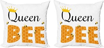 Lunarable Bug Decorative Throw Pillow Case Pack of 2, Queen Bee Big Lettering Design with Bees Buzzing Honeycomb Bumble Creature, Couch Bedroom Living Room Cushion Cover, 24", Orange Charcoal Grey