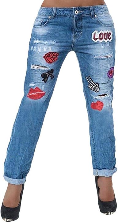 Yying Mujer Vaqueros Retro Impresión de la Moda Costuras de Bordado  Pantalones Largos Rasgado Agujero Jeans Talle Bajo Pantalones de Mezclilla  Pantalones Casuales: Amazon.es: Ropa