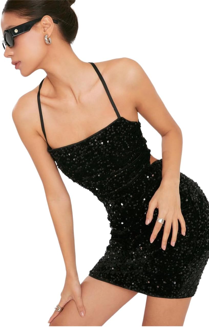 Suillty Women's Sparkly Sequin Backless Lace Up Mini Dress Shiny Spaghetti Straps Halter Bodycon Party Club Evening Dresses - Image 2