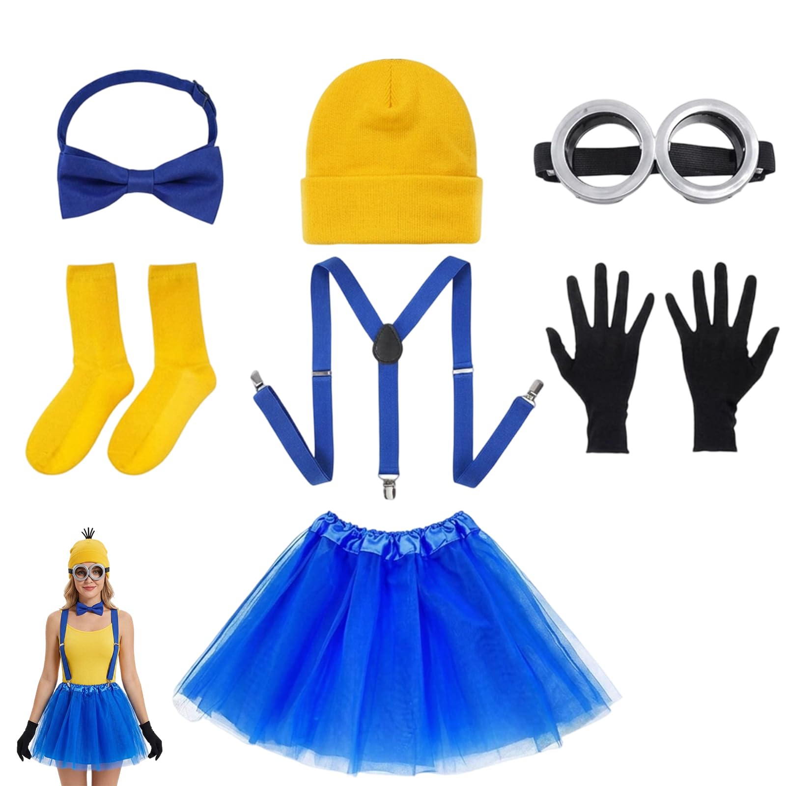 OBOVO 7 Pcs Yellow Halloween Costume, Halloween Outfits with Hat, Suspenders, Skirt, Gloves, Goggles, Socks, Bow Tie, Themed Party Supplies, World Book Day Accessories