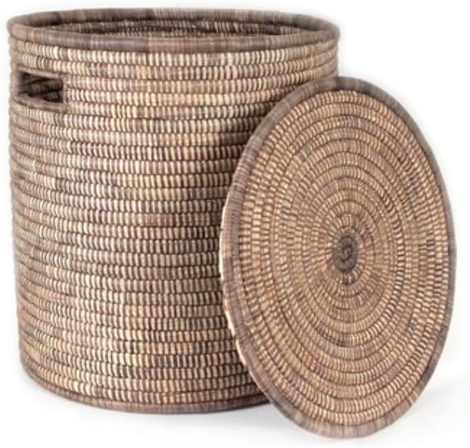 Large Laundry Woven Malawi Storage Basket With Lid: Salima Monochrome Storage Basket - Brown
